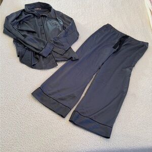 Victoria Secret Satin Pajama Set Womens Large Charcoal Button Up Sleepwear